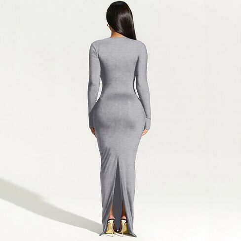 Yanfoam Women's Sexy Bodycon Long Sleeve Skew Collar Ribbed Party Club Basic Maxi Dress in Kuwait