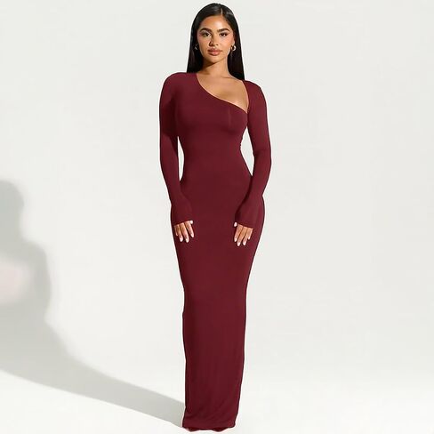Yanfoam Women's Sexy Bodycon Long Sleeve Skew Collar Ribbed Party Club Basic Maxi Dress in Kuwait