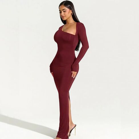 Yanfoam Women's Sexy Bodycon Long Sleeve Skew Collar Ribbed Party Club Basic Maxi Dress in Kuwait