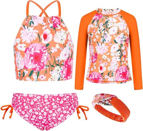 GRACE KARIN Girls Swimsuit Tankini Set Rash Guard Long Sleeve Swimsuit 4 Piece Bathing Suit Swimwear 5-14Y in Saudi Arabia