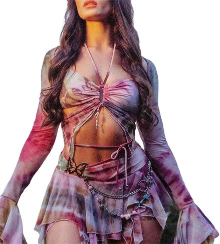 Women's 3 Piece Summer Outfits Long Sleeve Shrug Tops Tie Dye Print Vest Irregular Mini Skirt Set in Saudi Arabia