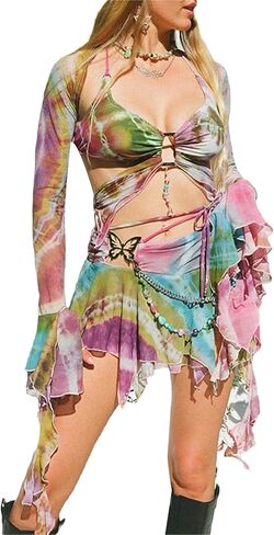 Women's 3 Piece Summer Outfits Long Sleeve Shrug Tops Tie Dye Print Vest Irregular Mini Skirt Set in Saudi Arabia