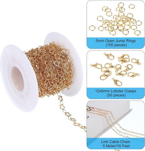 PATIKIL Copper Jewelry Chain, 16Ft Star Link Cable Chains for Necklace Earring Bracelet Findings Jewelry Making Trucker Hat Chains, Gold Tone in Saudi Arabia