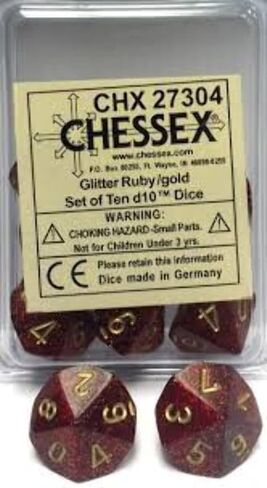 مجموعة نرد DND-Chessex D&D Dice-16mm مجموعة نرد متعدد السطوح من البلاستيك الذهبي والياقوتي اللامع - الزنزانات والتنينات تتضمن جليتر: 10D10 روبي/ذهبي متنوع in Saudi Arabia