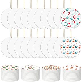 60 PCS Sublimation Ceramic Ornaments 3 Inch Christmas Sublimation Ornament Blanks Bulk Double Side Christmas Haning Round Ornaments with Gold String for DIY Crafts Christmas Tree Decoration