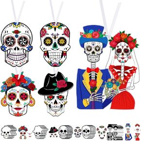 25 Sets Day of The Dead Sugar Skull Decorations Dia De Los Muertos Crafts DIY Colorful Skeleton Halloween Skull Hanging Ornament with Rope for Halloween Mexican Party Decorations Supplies