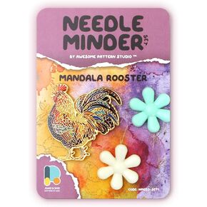 Awesome Pattern Studio Needle Minder Set - Mandala Rooster Magnetic Needle Minder + 2 Needle Threaders. Enamel Pin for Cross Stitch, Embroidery and Craft