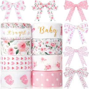 Kosiz 8 Rolls Floral Baby Shower Ribbon 7/8 Inch It's a Girl Baby Craft Ribbon Pink Rose Flower Print Grosgrain Ribbon for Gift Wrapping Baby Shower Gender Revel Party Diaper Cake Decor, 40 Yard Total