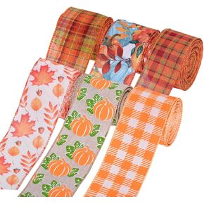 YAMA Fall Ribbon Wired, 2.5 Inch Burlap Pumpkin Pattern Buffalo Plaid Autumn Harvest Thanksgiving Ribbon Set for Gift Wrapping Wreath Making Crafts Bows 6 Rolls 30 Yards
