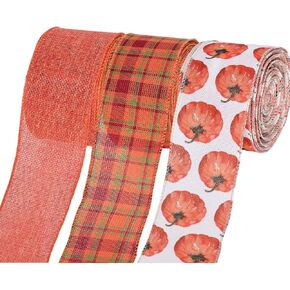 YAMA Fall Ribbon Wired, 2.5 Inch Burlap Pumpkin Pattern Buffalo Plaid Autumn Harvest Thanksgiving Ribbon Set for Gift Wrapping Wreath Making Crafts Bows 6 Rolls 30 Yards