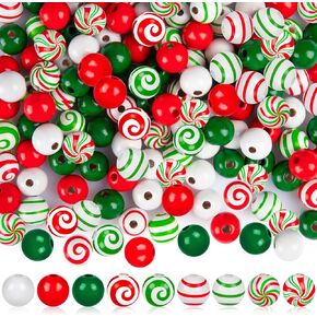 270 Pcs Christmas Wooden Beads Candy Cane Wood Beads Xmas Lollipop Candy Swirl Beads 16 mm Round Stripes Craft Bead for DIY Crafts Decor (Candy Style)