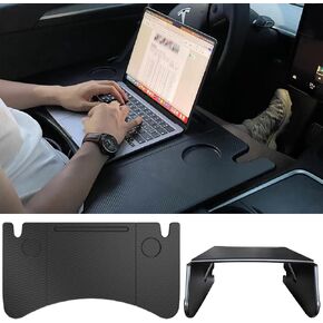 Car Laptop Desk for Tesla Model Y/3, Carbon Fiber Tray, Steering Wheel Table for Eating and Working, Car Tray Table for Driver&Passenger with Dual Folding Strong Hinge