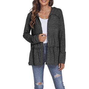 DEESHA Plus Size Zip Up Hoodie for Curvy Women Spring Ruffle Hooded Sweatshirts Jacket Cardigans Lightweight