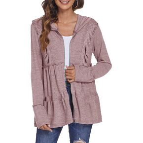 سترة بغطاء للرأس بسحاب مقاس كبير من DEESHA للنساء المتعرجات الربيعية المكشكشة ذات القلنسوة وسترة خفيفة الوزن in Kuwait