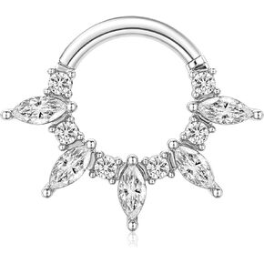 16G Marquise CZ Stone Septum Ring Surgical Steel Daith Earring, Gold Silver Septum Jewelry for Septum Piercing, Gemstone Septum Clicker Daith Piercing Jewelry, 8mm 10mm