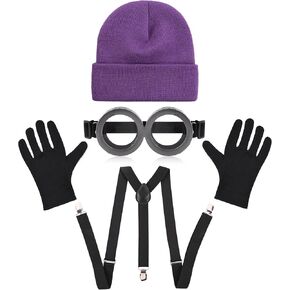 Purple Halloween Costume Accessories for Men - Adult Halloween Costumes Party Cosplay Set with Goggles Glasses Beanie Gloves Suspenders