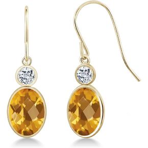 Gem Stone King 14K Yellow Gold Yellow Citrine and White Topaz Hook French Fish Ear Wire Dangle Earrings For Women 2.78 Cttw, Gemstone November Birthstone, Oval Checkerboard 8X6MM, Round 3MM