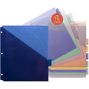 1InTheOffice Binder Tabs Dividers, Plastic Dividers for 3 Ring Binder, Binder Index Dividers, 8.5" W x 11" L, Double Pocket, Assorted Colors, 16 Pack