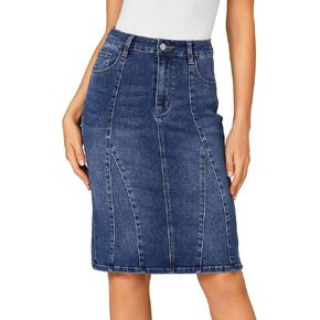 LYANER Women's Casual Denim High Waisted Stretch Bodycon Pencil Knee Length Straight Jean Midi Skirt with Pockets