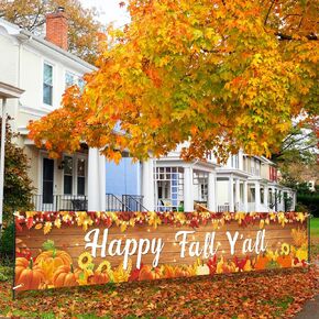 Happy Fall Decorations Banner, Happy Fall Y'all Yard Banner Thanksgiving Happy Autumn Fall Harvest Banner Yard Sign, Fall Maple Leaves Pumpkin Thanksgiving Day Autumn Party Banner for Indoor Outdoor