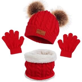 Winter Beanie Hat Scarf Gloves Set for Kids, Winter Warm Set Knitting Cap Neck Warmer Gloves for Girls Boys 2-10 Year