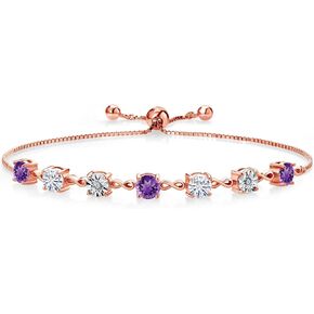 Gem Stone King 18K Rose Gold Plated Silver Lab Grown Diamond Tennis Bracelet For Women Amethyst Moissanite (2.44 Cttw, Fully Adjustable Up to 9 Inch)