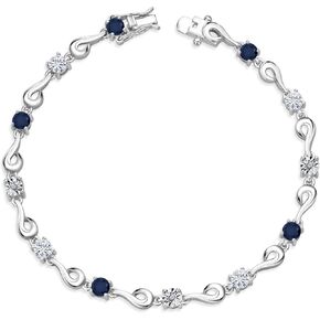 Gem Stone King 925 Sterling Silver Blue Sapphire and White Moissanite and White Lab Grown Diamond Bracelet For Women (2.69 Cttw, Gemstone September Birthstone, Round 4MM, 6.5, 7, 7.5 Inches)