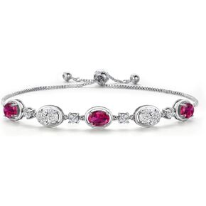 Gem Stone King 925 Sterling Silver Customized and Personalized Oval 7X5MM Gemstone Birthstone and White Moissanite Bracelet For Women | Bollo Bracelet | Fully Adjustable Up to 10 Inch