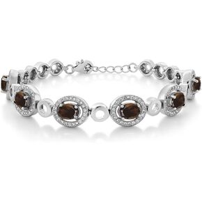 Gem Stone King 925 Sterling Silver Brown Smoky Quartz Tennis Bracelet For Women (6.42 Cttw, Oval 7X5MM, 7 Inch with 1 Inch Extender)
