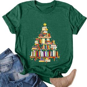 Christmas Shirts for Women Funny Christmas Books Tree T-Shirt Teachers Xmas T Shirt Book Lovers Short Sleeve Holiday Tops