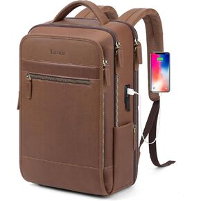 Tzowla Leather Laptop Backpack for Men and Women,Genuine Leather Vintage Backpacks with USB/Type-C Charging Port Fits 15.6inch Notebook,Business Work Travel Slim Daypack-Brown
