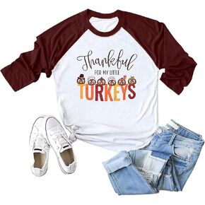 Thankful for My Little Turkeys Shirt Women Thanksgiving Tshirt Cute Graphic Raglan 3/4 Sleeve Baseball Tee Tops