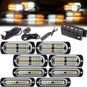 [4+4 PCS 24 LED Sync Feature Strobe Lights for Trucks, Emergency Lights with Controller, Ultra Slim Grille Warning Flashing Hazard Light for Trucks, Car, Construction, Vehicles - Amber/White