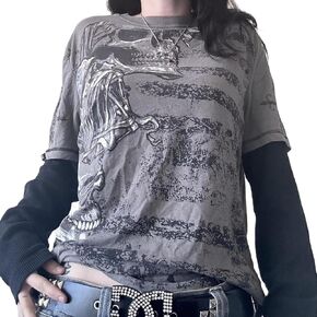 Women Y2K Grunge T Shirt Emo Aesthetics Graphic Tops Teen Girl Vintage Baggy Goth Tops Harajuku Punk Grunge Clothes