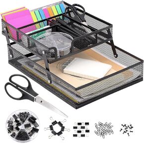 Foldable Desk Drawer Organizer Double Mesh Tray, Expandable Black Desktop Organizers and Accessories with 6 Compartments & Scissors & Clips for Office School Makeup Vanity Supplies Drawer Storage