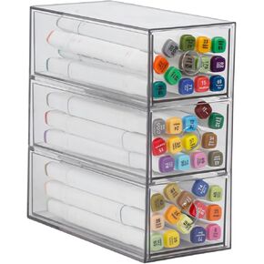 Clear Drawer Organizers, Plastic Desktop Accessories Storage Box for Home Office Supplies, Marker, Sticky Notes, Stationery, Crafts, Brushes, Eyeglass, Makeup Holder (3 Drawers)