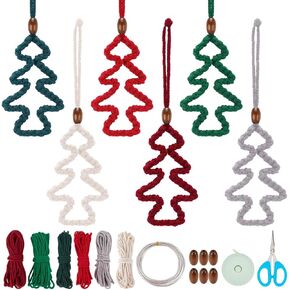 PLIGREAT 6 Sets Macrame Christmas Tree Kit DIY Christmas Macrame Kit with Instruction Video Bead Make Cute Openwork Christmas Tree for Adults Macrame Beginners Boho Christmas Home Wall Hanging Decor