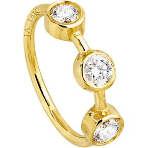 Solid 20G 14Kt White/Yellow Gold Bezel Set 3-Stone Diamond Nose Hoop Ring - Ear Cartilage Ring - April BirthStone Nose Ring Stud