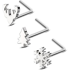 3PCS Christmas Nose Studs, 20G Silver Nose Rings,316L Stainless Steel Nose Piercing Jewelry