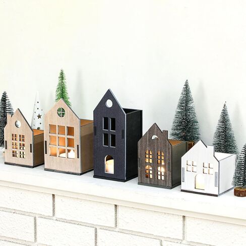 Syhood 8 Pcs Christmas Village Set, 5 LED Lighted Wooden Houses and 3 Frosted Trees Christmas Decorations Indoor Christmas Scenes Decor Farmhouse Rustic Decor for Tabletop Mantel Xmas Holiday Decor in Saudi Arabia