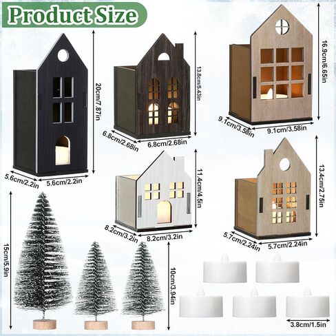 Syhood 8 Pcs Christmas Village Set, 5 LED Lighted Wooden Houses and 3 Frosted Trees Christmas Decorations Indoor Christmas Scenes Decor Farmhouse Rustic Decor for Tabletop Mantel Xmas Holiday Decor in Saudi Arabia