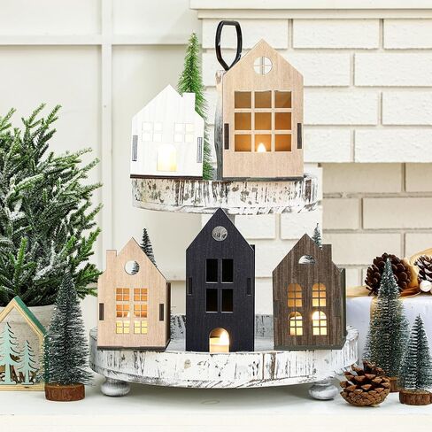 Syhood 8 Pcs Christmas Village Set, 5 LED Lighted Wooden Houses and 3 Frosted Trees Christmas Decorations Indoor Christmas Scenes Decor Farmhouse Rustic Decor for Tabletop Mantel Xmas Holiday Decor in Saudi Arabia