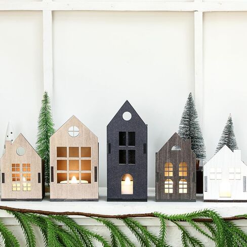 Syhood 8 Pcs Christmas Village Set, 5 LED Lighted Wooden Houses and 3 Frosted Trees Christmas Decorations Indoor Christmas Scenes Decor Farmhouse Rustic Decor for Tabletop Mantel Xmas Holiday Decor in Saudi Arabia