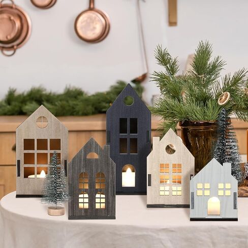 Syhood 8 Pcs Christmas Village Set, 5 LED Lighted Wooden Houses and 3 Frosted Trees Christmas Decorations Indoor Christmas Scenes Decor Farmhouse Rustic Decor for Tabletop Mantel Xmas Holiday Decor in Saudi Arabia