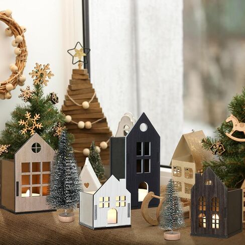 Syhood 8 Pcs Christmas Village Set, 5 LED Lighted Wooden Houses and 3 Frosted Trees Christmas Decorations Indoor Christmas Scenes Decor Farmhouse Rustic Decor for Tabletop Mantel Xmas Holiday Decor in Saudi Arabia