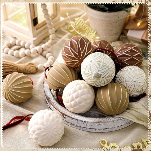 Bucherry 12 Pcs Neutral Textured Christmas Ball Ornaments 2.4 Inch White and Brown Vintage Rustic Christmas Tree Decorations Farmhouse Distressed Xmas Hanging Ornaments for Christmas Tree Home Decor in Saudi Arabia