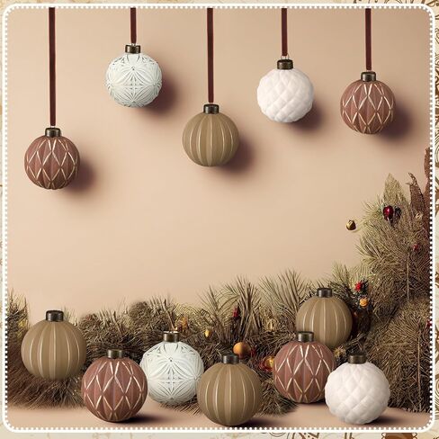 Bucherry 12 Pcs Neutral Textured Christmas Ball Ornaments 2.4 Inch White and Brown Vintage Rustic Christmas Tree Decorations Farmhouse Distressed Xmas Hanging Ornaments for Christmas Tree Home Decor in Saudi Arabia
