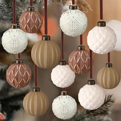 Bucherry 12 Pcs Neutral Textured Christmas Ball Ornaments 2.4 Inch White and Brown Vintage Rustic Christmas Tree Decorations Farmhouse Distressed Xmas Hanging Ornaments for Christmas Tree Home Decor in Saudi Arabia