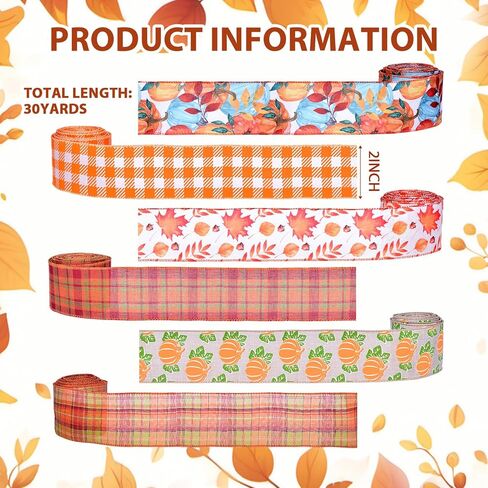 ياما سقوط الشريط السلكية، 2.5 بوصة الخيش نمط اليقطين الجاموس منقوشة الخريف حصاد الشكر الشريط مجموعة لتغليف الهدايا إكليل صنع الحرف الأقواس 6 لفات 30 ياردة in Kuwait