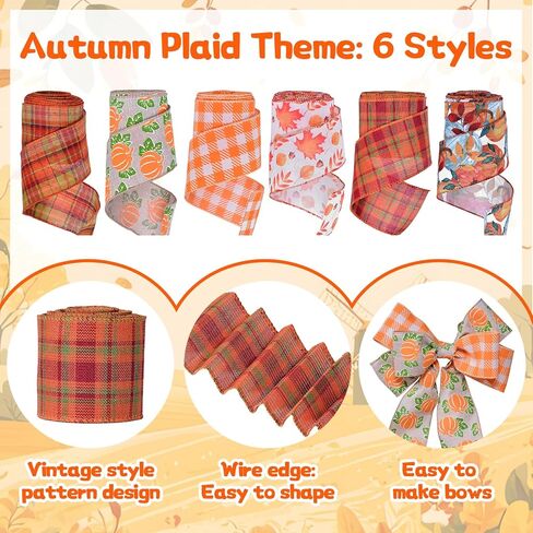 ياما سقوط الشريط السلكية، 2.5 بوصة الخيش نمط اليقطين الجاموس منقوشة الخريف حصاد الشكر الشريط مجموعة لتغليف الهدايا إكليل صنع الحرف الأقواس 6 لفات 30 ياردة in Kuwait